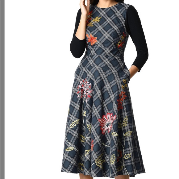 eShakti Plaid V-Neck Dress With Embroidery Detail and Long Sleeves Size Large 14 - Picture 1 of 10